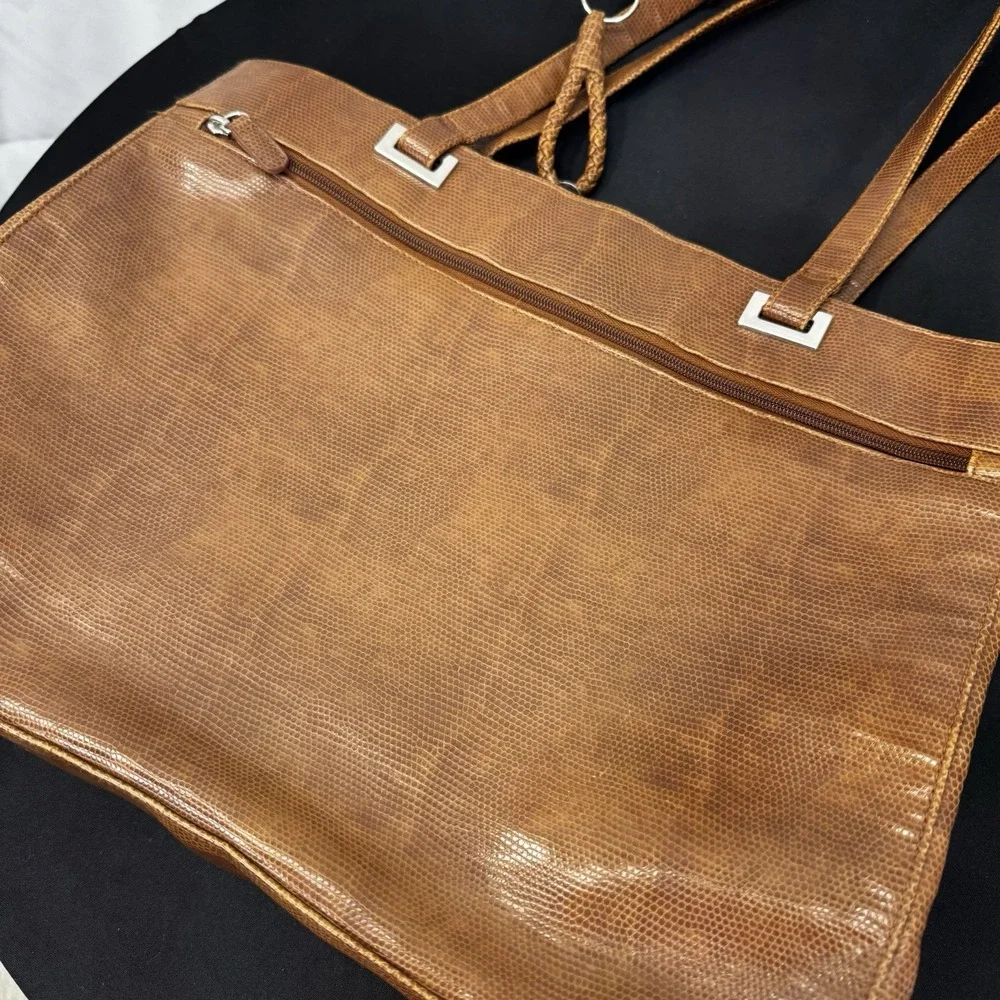 Coldwater Creek Reptile Print Divided Tote‎ w/Braided Keychain FOB, Brown